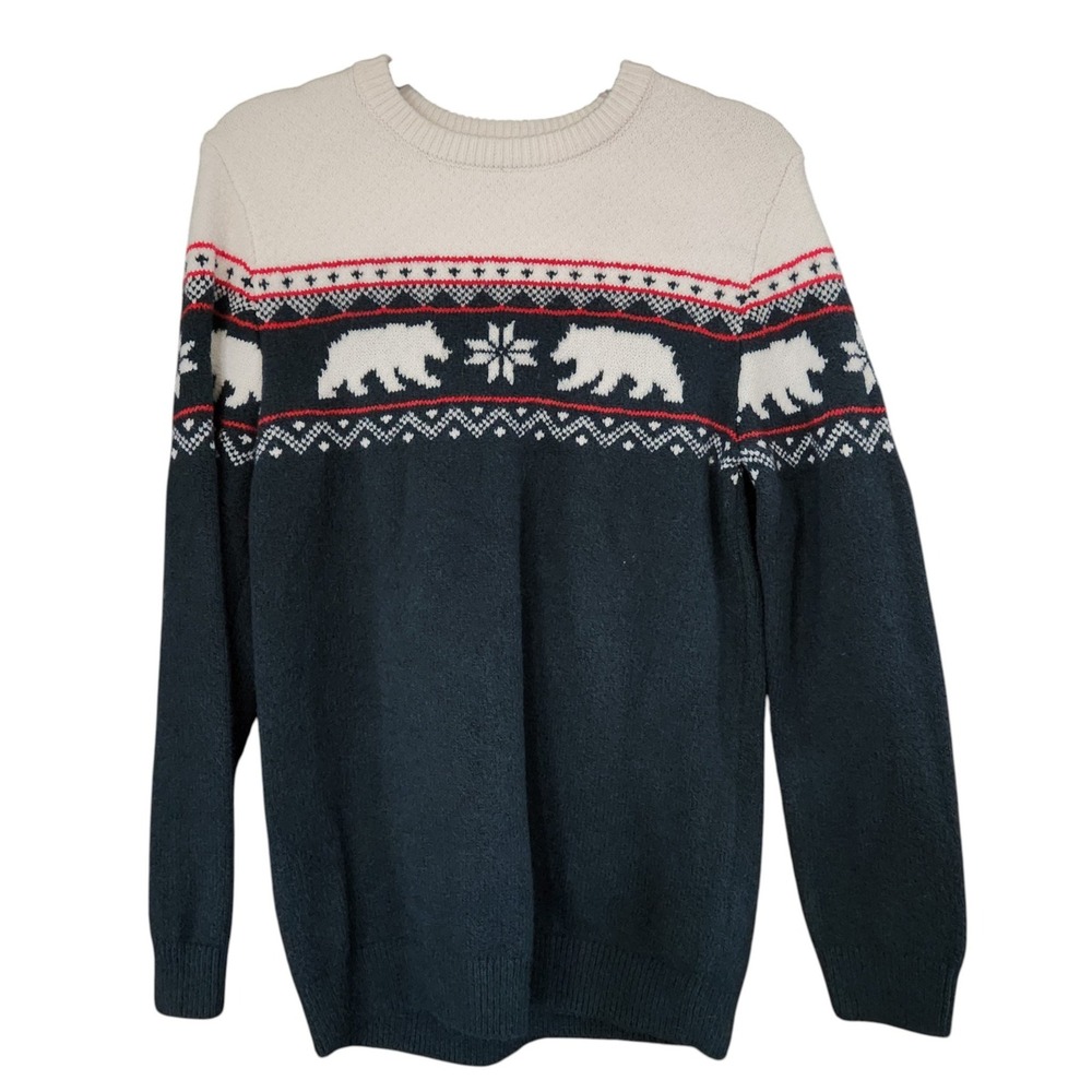 Old Navy Womens XXL Fair Isle Polar Bear Sweater Green Cream Holiday Knit